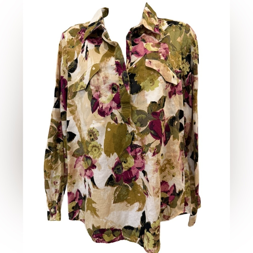 Sunset Rd Abstract Print Button-Up Floral Blouse. 10